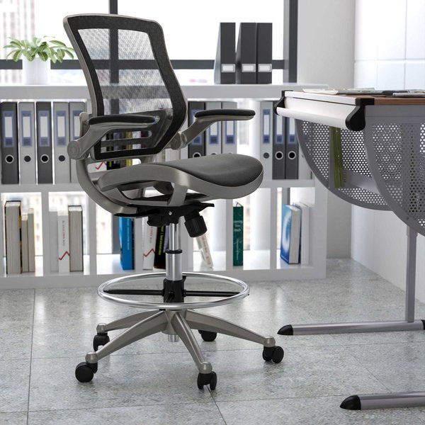 Black/Graphite Mid-Back Drafting Chair - Flip-Up Arms