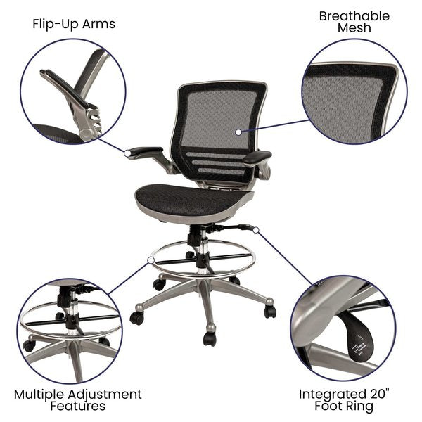 Black/Graphite Mid-Back Drafting Chair - Flip-Up Arms