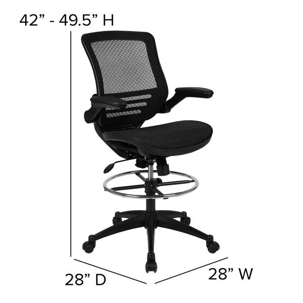 Mesh Drafting Chair, Padded Arms, Black Mesh/Black Frame