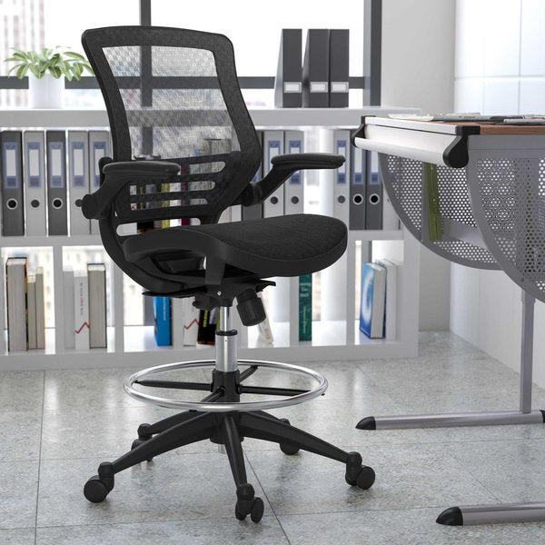 Mesh Drafting Chair, Padded Arms, Black Mesh/Black Frame