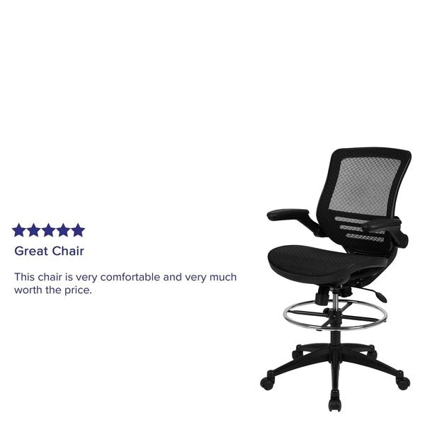 Mesh Drafting Chair, Padded Arms, Black Mesh/Black Frame