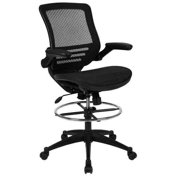 Mesh Drafting Chair, Padded Arms, Black Mesh/Black Frame