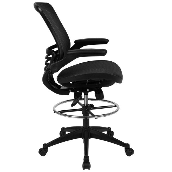 Mesh Drafting Chair, Padded Arms, Black Mesh/Black Frame