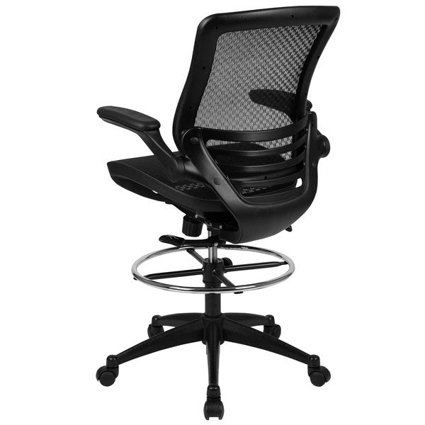 Mesh Drafting Chair, Padded Arms, Black Mesh/Black Frame
