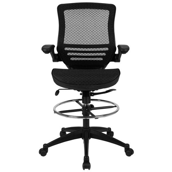 Mesh Drafting Chair, Padded Arms, Black Mesh/Black Frame