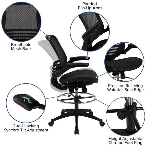 Mesh Drafting Chair, Padded Arms, Black Mesh/Black Frame