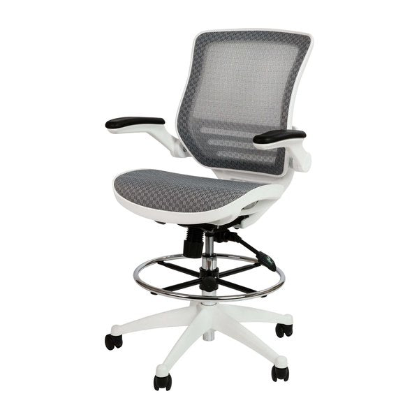 Gray/White Mid-Back Drafting Chair - Flip-Up Arms
