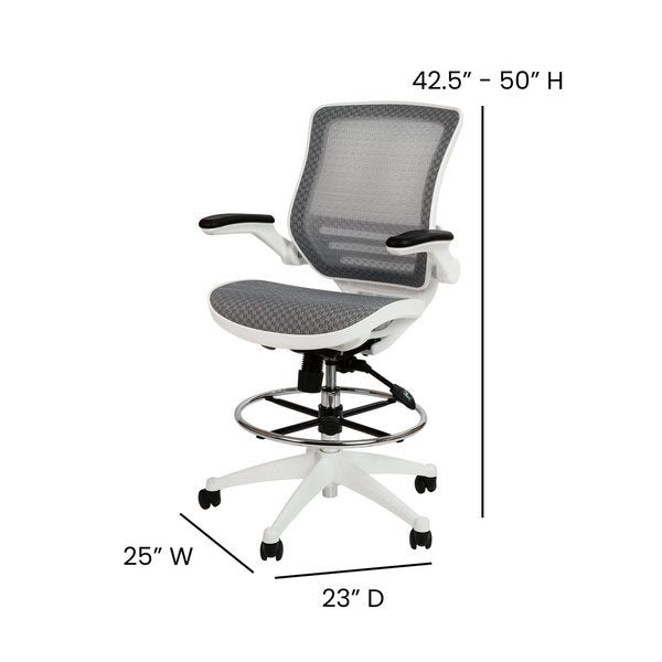 Gray/White Mid-Back Drafting Chair - Flip-Up Arms