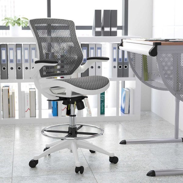Gray/White Mid-Back Drafting Chair - Flip-Up Arms