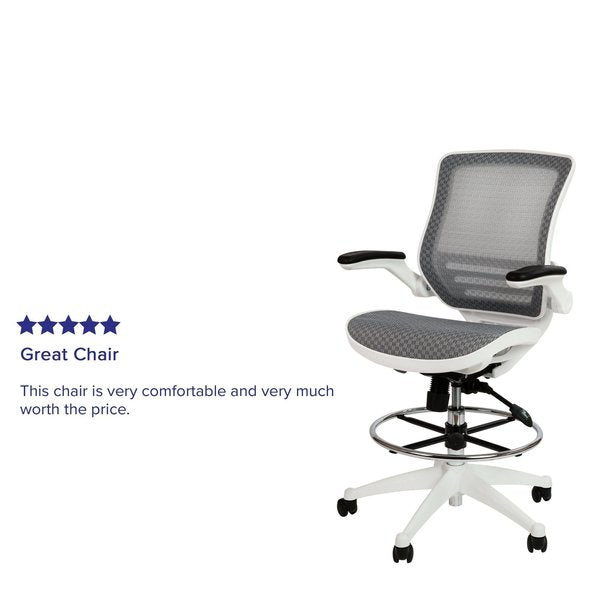 Gray/White Mid-Back Drafting Chair - Flip-Up Arms