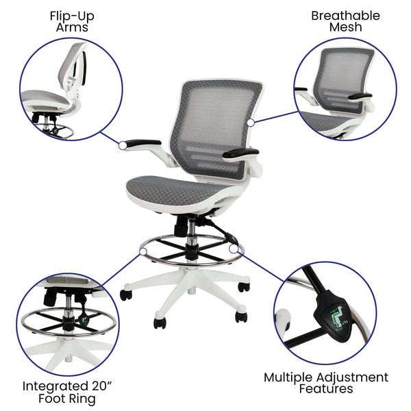 Gray/White Mid-Back Drafting Chair - Flip-Up Arms