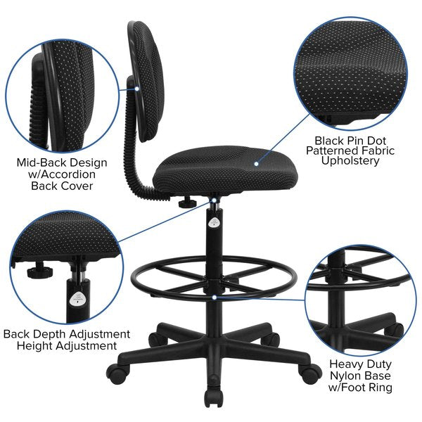 Black Patterned Fabric Swivel Drafting Chair