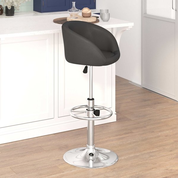 Black Vinyl Barstool, Adj Height, Backrest: Barrel Back