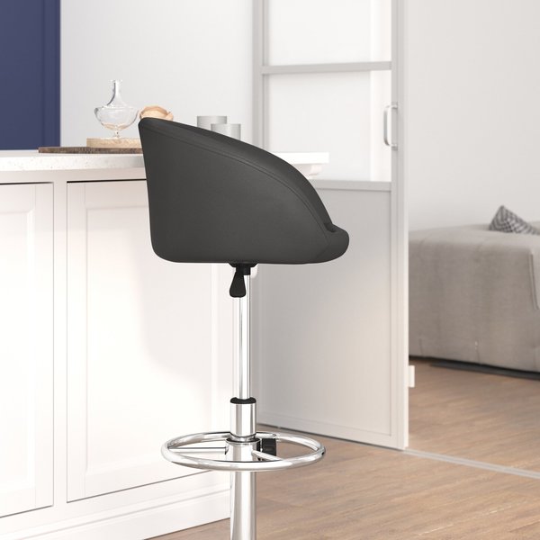 Black Vinyl Barstool, Adj Height, Backrest: Barrel Back
