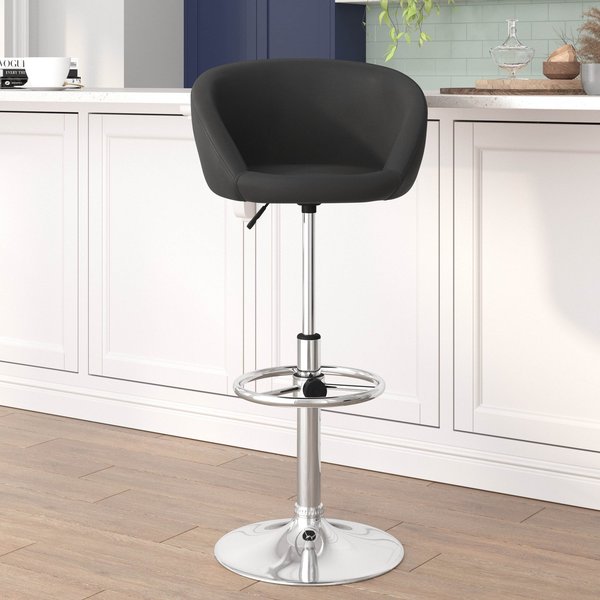 Black Vinyl Barstool, Adj Height, Backrest: Barrel Back