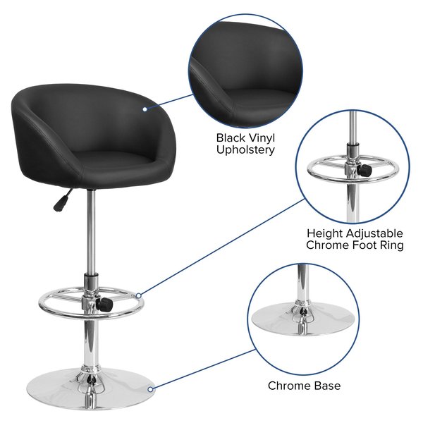Black Vinyl Barstool, Adj Height, Backrest: Barrel Back