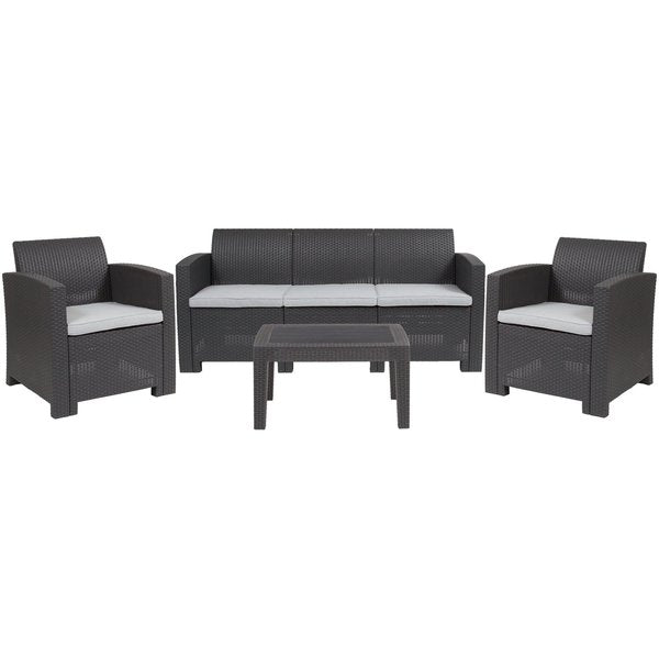 Dark Gray Outdr Rattan Set, Sofa/2Chairs/Tbl, 4 pcs., 67.5 W 30 H