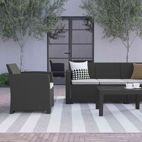Dark Gray Outdr Rattan Set, Sofa/2Chairs/Tbl, 4 pcs., 67.5 W 30 H