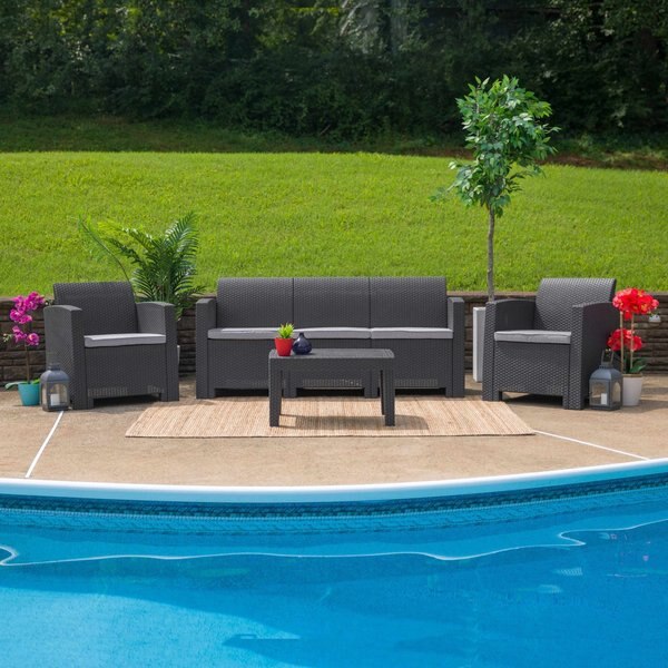 Dark Gray Outdr Rattan Set, Sofa/2Chairs/Tbl, 4 pcs., 67.5 W 30 H
