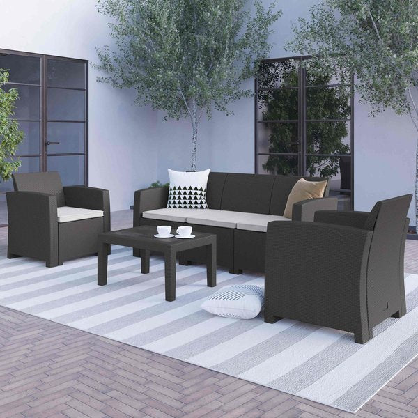 Dark Gray Outdr Rattan Set, Sofa/2Chairs/Tbl, 4 pcs., 67.5 W 30 H
