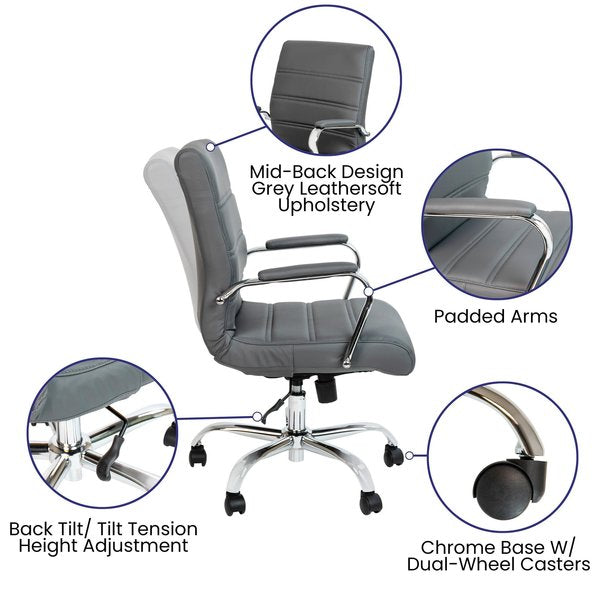 Mid-Back Gray/Chrome LeatherSoft Executive Swivel Chair