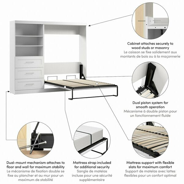 Bestar Pur Full Murphy Bed and Shelving Unit with Drawers (95W) in White
