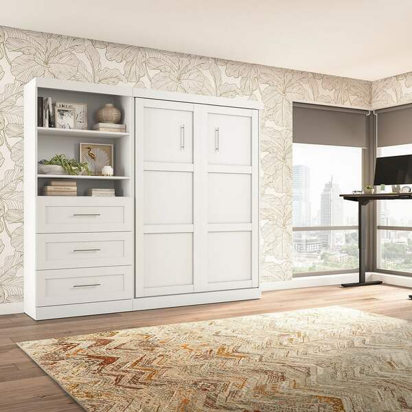 Bestar Pur Full Murphy Bed and Shelving Unit with Drawers (95W) in White