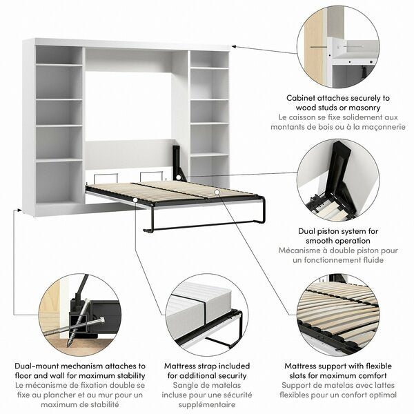 Bestar Pur Full Murphy Bed with 2 Shelving Units (109W) in White