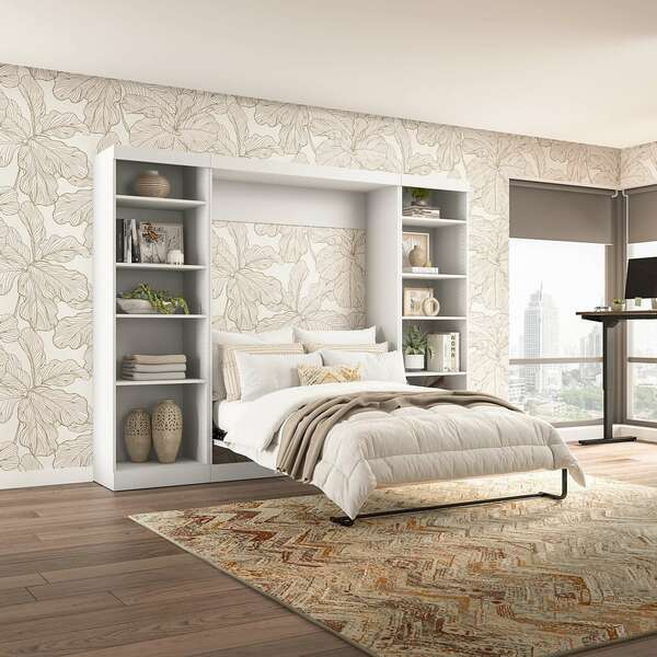 Bestar Pur Full Murphy Bed with 2 Shelving Units (109W) in White