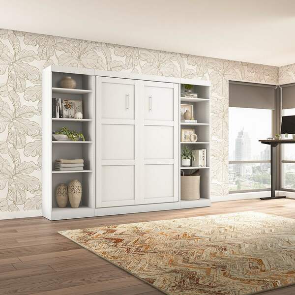 Bestar Pur Full Murphy Bed with 2 Shelving Units (109W) in White