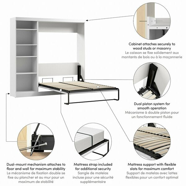 Bestar Pur Full Murphy Bed with Shelving Unit (84W) in White