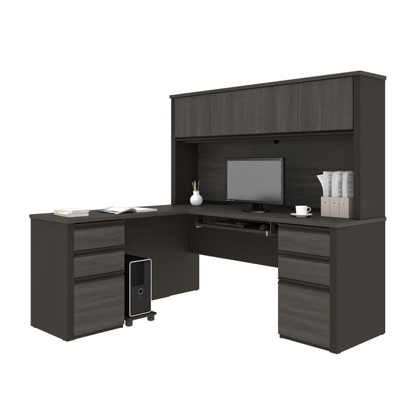 Prestige + L-Shaped Workstation with Two Pedestals, Bark Gray/Slate