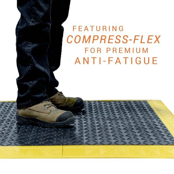 Antimicrobial Antifatigue Mat, Black Tiles / Yellow Border, 44 inch L x 62 inch W
