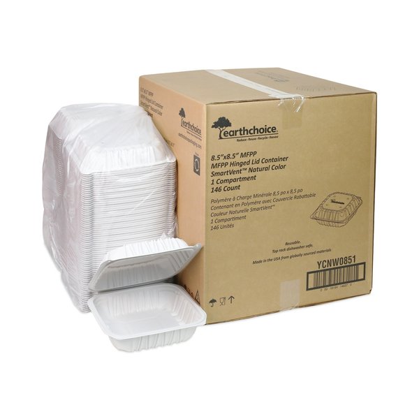 Vented Microwave Hinge-Lid Takeout Container, 8.5x8.5x3.1, Wht, PK146 PK