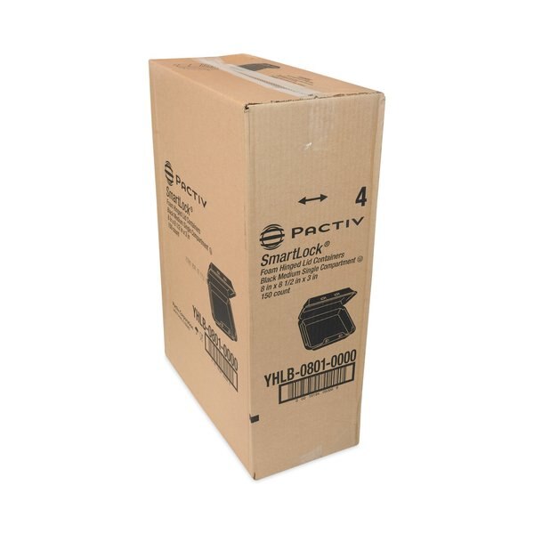 SmartLock Foam Hinged Containers, Med, 8 x 8.5 x 3, 1-Comp, Blk, PK150