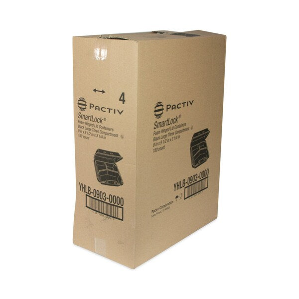 SmartLock Foam Hinged Container, Large, 9x9.5x3.25, 3-Comp, Blk, PK150