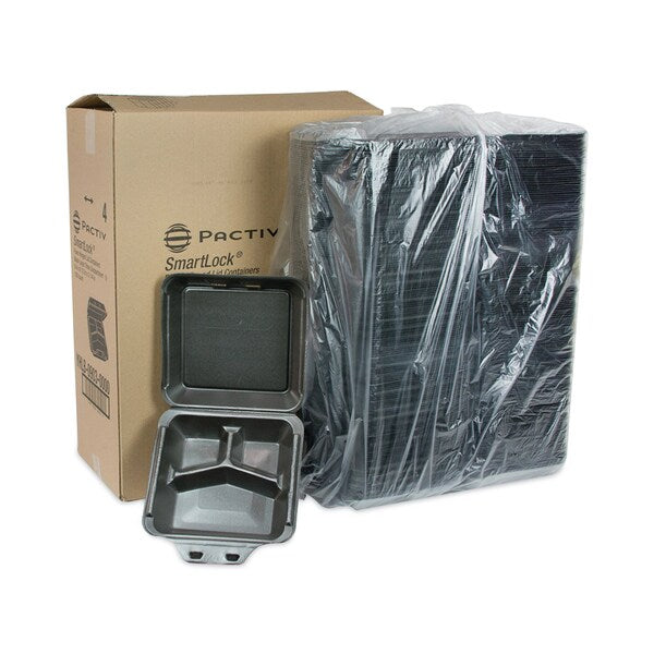 SmartLock Foam Hinged Container, Large, 9x9.5x3.25, 3-Comp, Blk, PK150