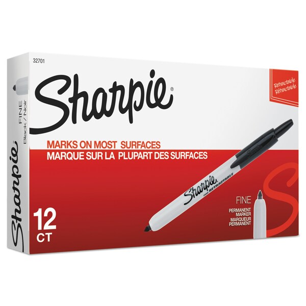 Retractable Permanent Marker, Fine Bullet Tip, Black, PK12