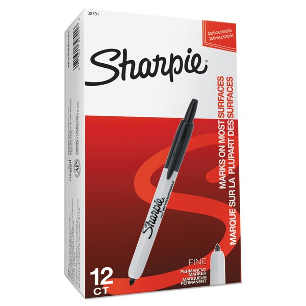 Retractable Permanent Marker, Fine Bullet Tip, Black, PK12