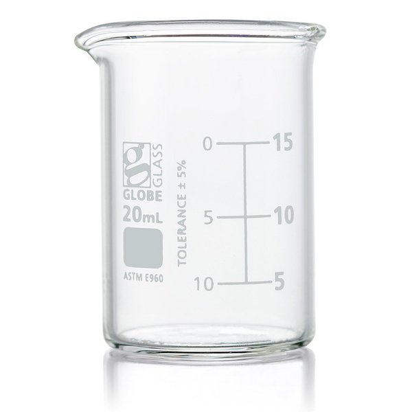 Beaker, Globe Glass, 20mL, Low Form Griffin Style, Dual Graduations, ASTM E960, 12/Box, 12PK