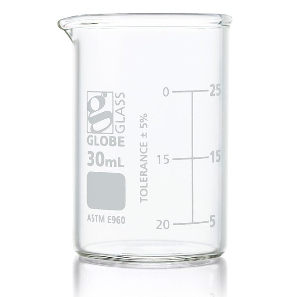 Beaker, Globe Glass, 30mL, Low Form Griffin Style, Dual Graduations, ASTM E960, 12/Box, 12PK