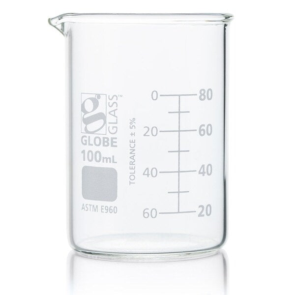 Beaker, Globe Glass, 100mL, Low Form Griffin Style, Dual Graduations, ASTM E960, 12/Box, 12PK