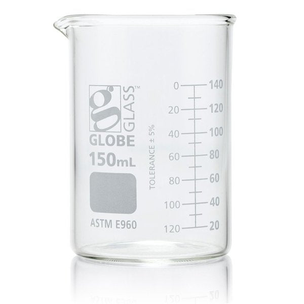 Beaker, Globe Glass, 150mL, Low Form Griffin Style, Dual Graduations, ASTM E960, 12/Box, 12PK