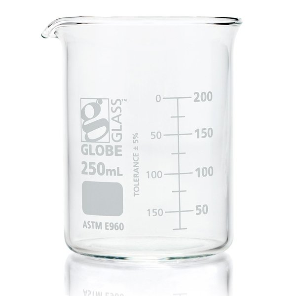 Beaker, Globe Glass, 250mL, Low Form Griffin Style, Dual Graduations, ASTM E960, 12/Box, 12PK