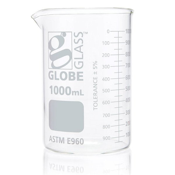 Beaker, Globe Glass, 1000mL, Low Form Griffin Style, Dual Graduations, ASTM E960, 6/Box, 6PK