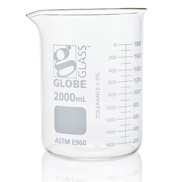 Beaker, Globe Glass, 2000mL, Low Form Griffin Style, Dual Graduations, ASTM E960, 4/Box, 4PK