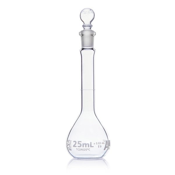 Flask, Volumetric , Globe Glass, 25mL, Class A, To Contain (TC), ASTM E288, 6/Box