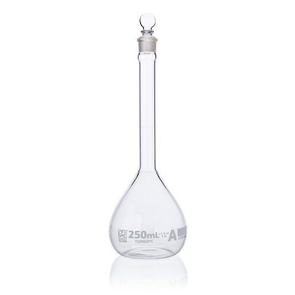 Flask, Volumetric , Globe Glass, 250mL, Class A, To Contain (TC), ASTM E288, 6/Box