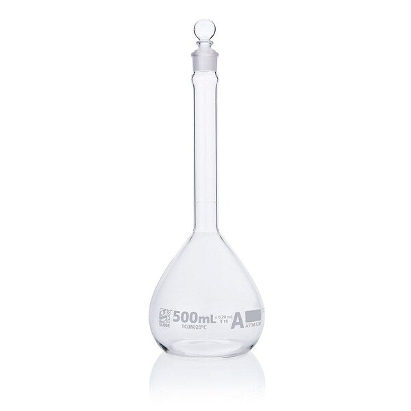 Flask, Volumetric , Globe Glass, 500mL, Class A, To Contain (TC), ASTM E288, 6/Box