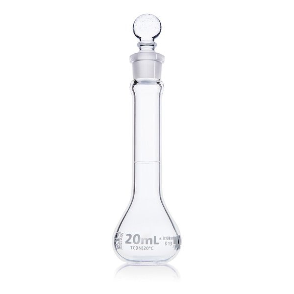 Flask, Volumetric, Wide Mouth, Globe Glass, 20mL, Class A, To Contain (TC), ASTM E288, 6/Box